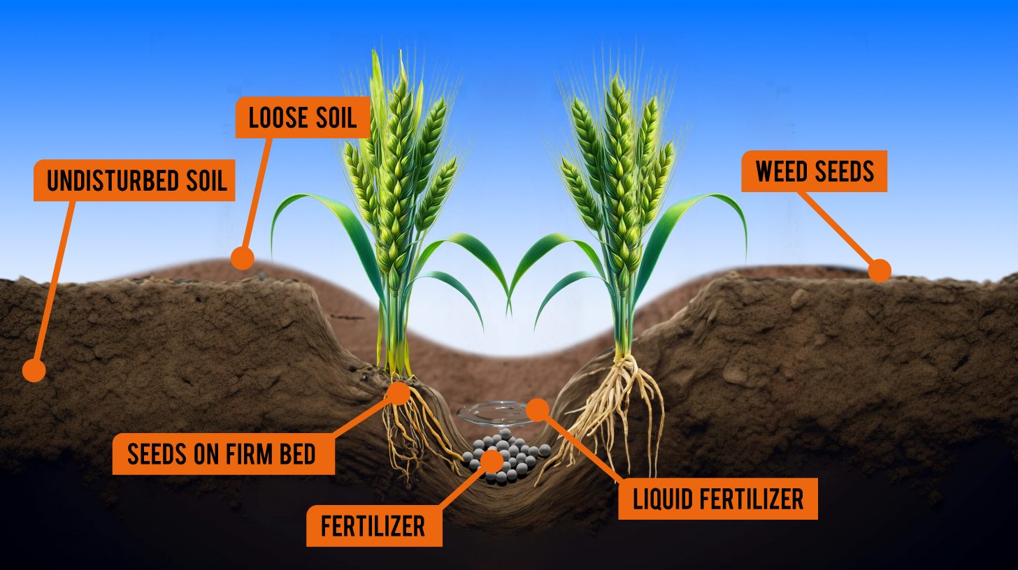Cross-section diagram showing seeds on a firm bed, with fertiliser and liquid fertiliser placed between paired seed rows, undisturbed soil either side and weed seeds left on the surface
